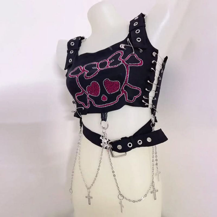 Square neck metal chain o ring skull pattern top  | Festival Outfits Women