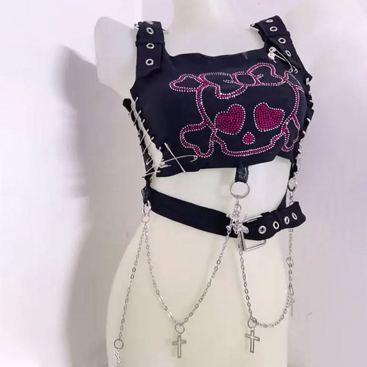 Square neck metal chain o ring skull pattern top  | Festival Outfits Women