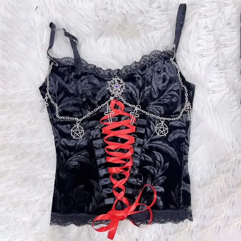 Lace hem metal chain lace up v neck cami top  | Festival Outfits Women