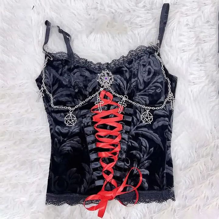 Lace hem metal chain lace up v neck cami top  | Festival Outfits Women