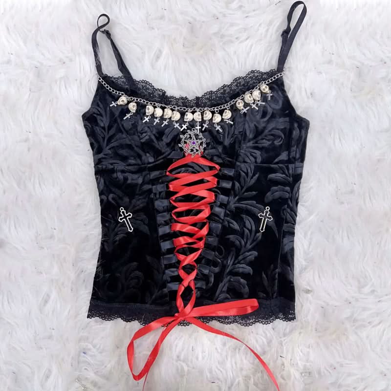 Lace hem metal chain lace up v neck cami top  | Festival Outfits Women