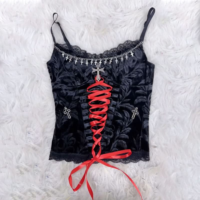 Lace hem metal chain lace up v neck cami top  | Festival Outfits Women