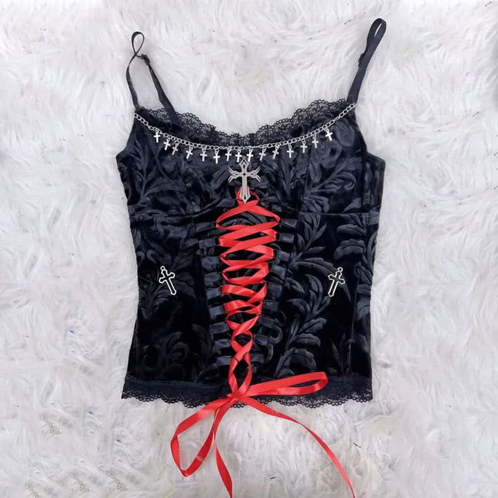 Lace hem metal chain lace up v neck cami top  | Festival Outfits Women
