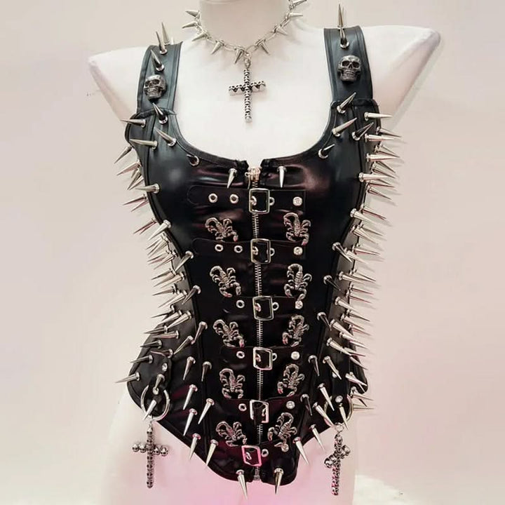 Zip-up u neck buckle skull applique tank top  | Festival Outfits Women