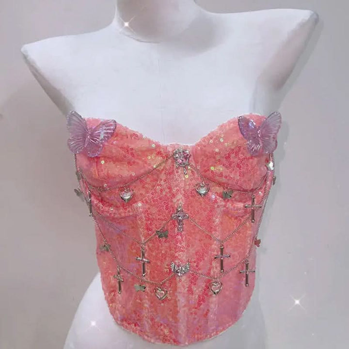 Glitter metal chain butterfly applique tube top  | Festival Outfits Women