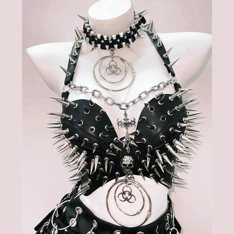 O ring rivet applique metal chain PU leather top  | Festival Outfits Women