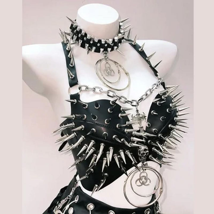 O ring rivet applique metal chain PU leather top  | Festival Outfits Women