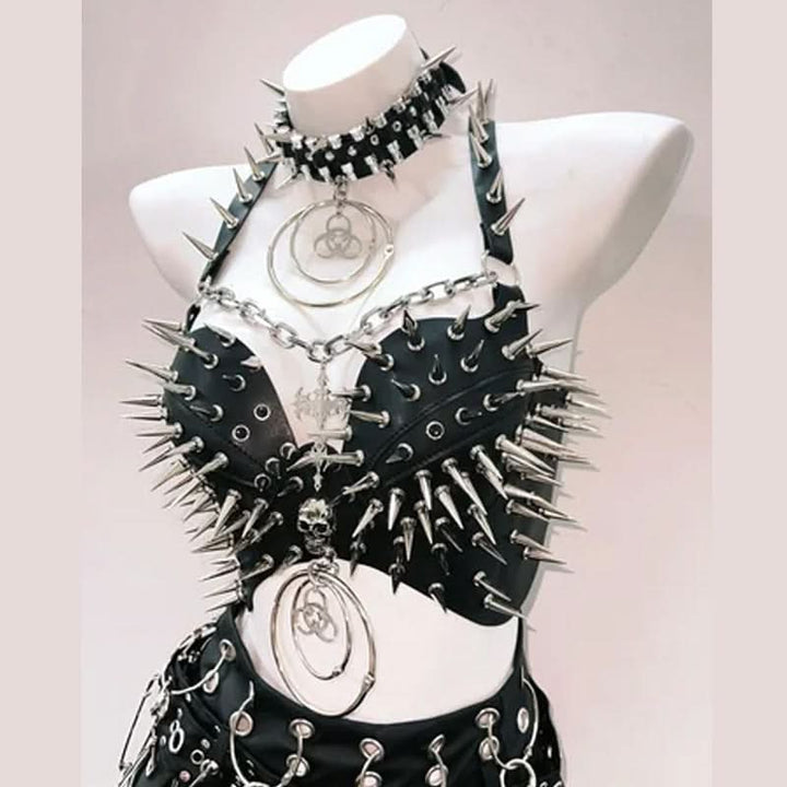 O ring rivet applique metal chain PU leather top  | Festival Outfits Women