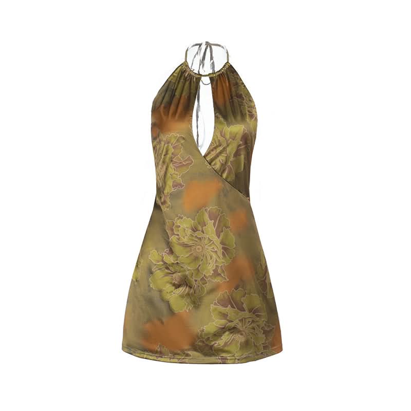 Halter backless hollow out flower print cut out mini dress  | Festival Outfits Women