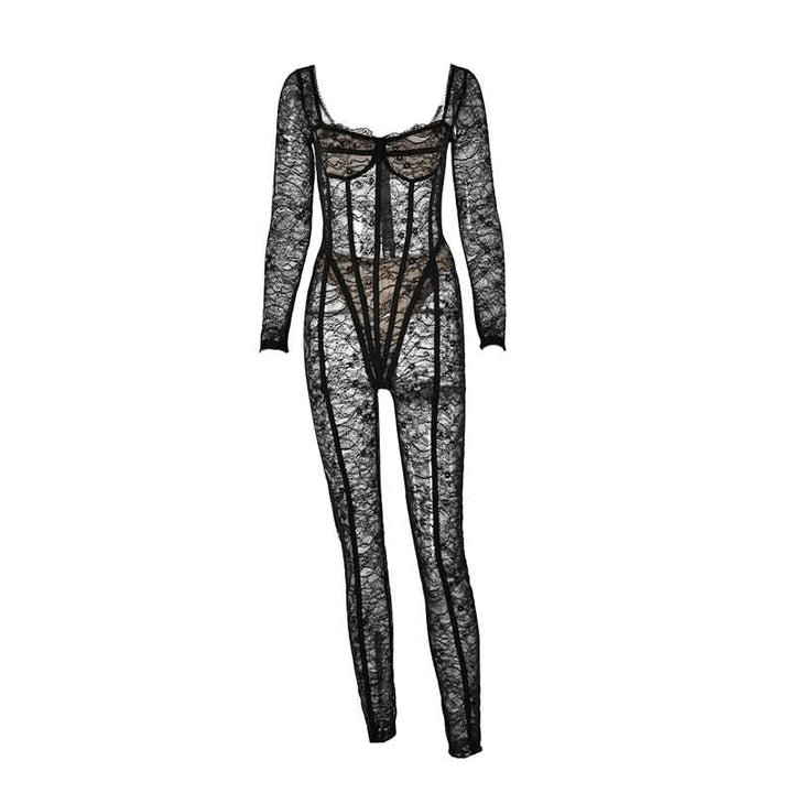 Long sleeve lace see through v neck zip-up jumpsuit  | Festival Outfits Women