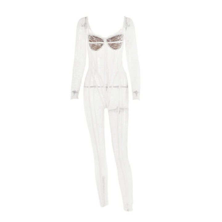 Long sleeve lace see through v neck zip-up jumpsuit  | Festival Outfits Women
