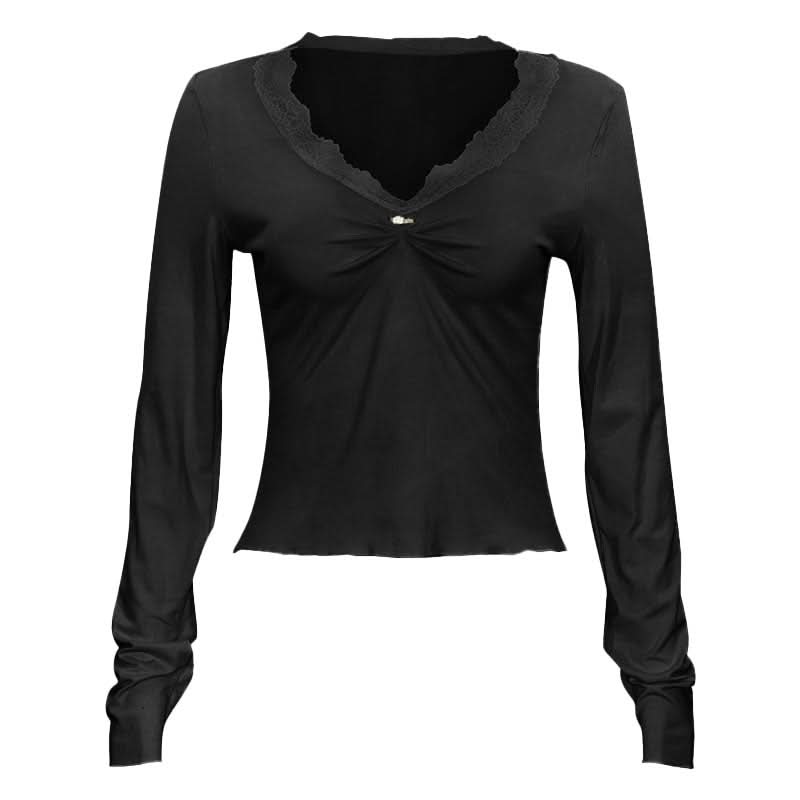 Lace hem long sleeve v neck ruched top  | Festival Outfits Women
