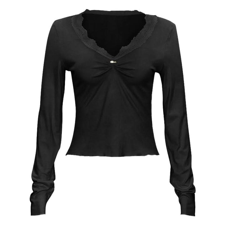 Lace hem long sleeve v neck ruched top  | Festival Outfits Women