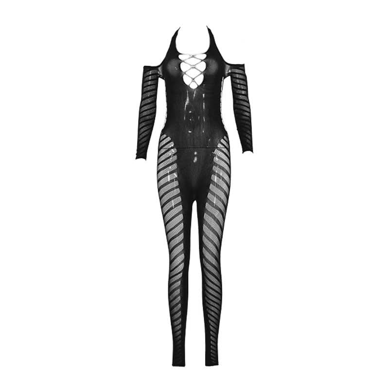 Halter long sleeve hollow out see through jumpsuit  | Festival Outfits Women