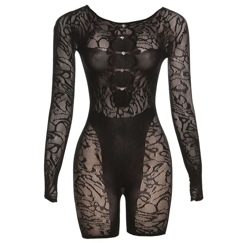 Long sleeve hollow out u neck gloves romper  | Festival Outfits Women