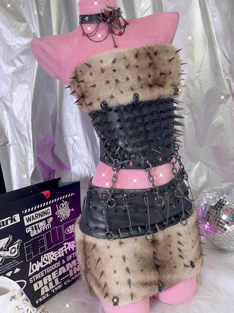 Fluffy metal chain rivet PU leather tube mini skirt set Cargo Mini Skirt  | Festival Outfits Women