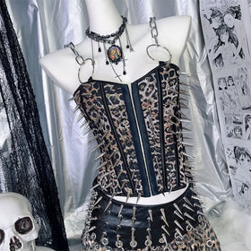 Leopard print rivet o ring button corset top  | Festival Outfits Women  | Cheetah Print Top