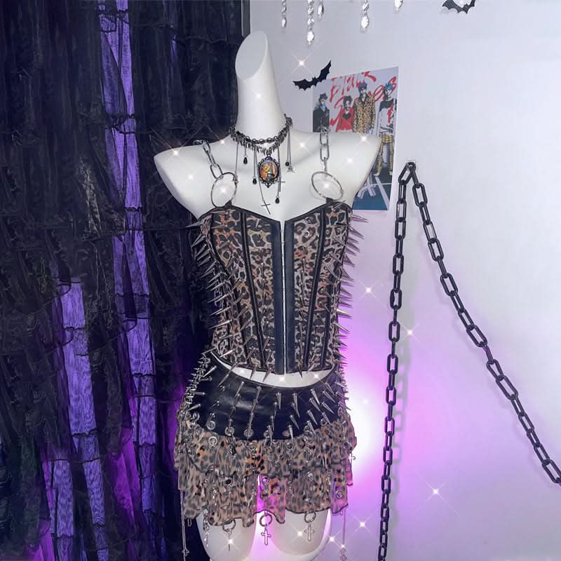 Leopard print rivet o ring button corset top  | Festival Outfits Women  | Cheetah Print Top