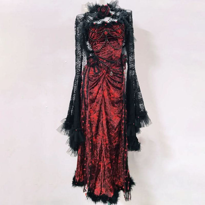 Ruched long sleeve flower applique beaded maxi dress  | Festival Outfits Women