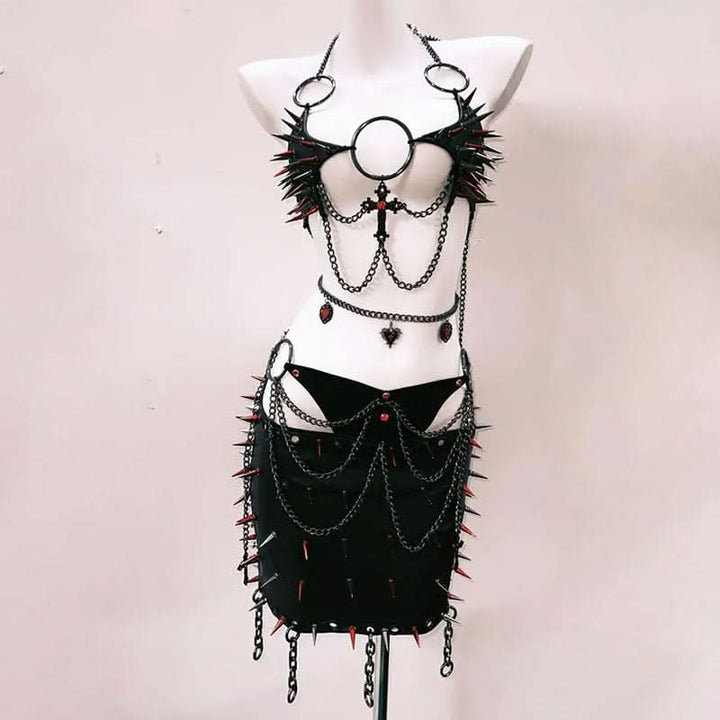 O ring rivet applique metal chain hollow out cut out top  | Festival Outfits Women