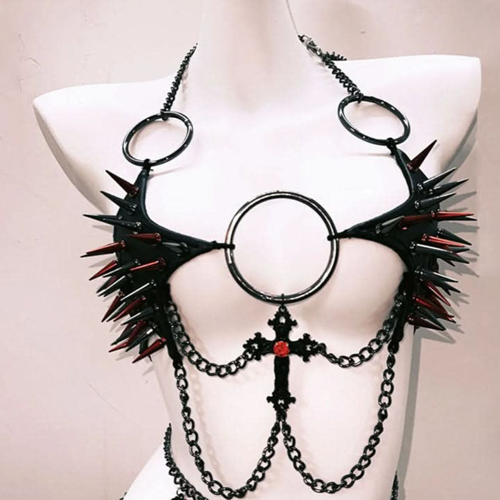 O ring rivet applique metal chain hollow out cut out top  | Festival Outfits Women