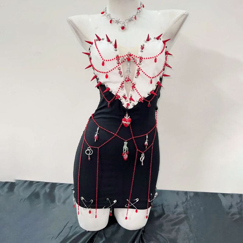 Sweetheart neck beaded rivet applique mini dress  | Festival Outfits Women