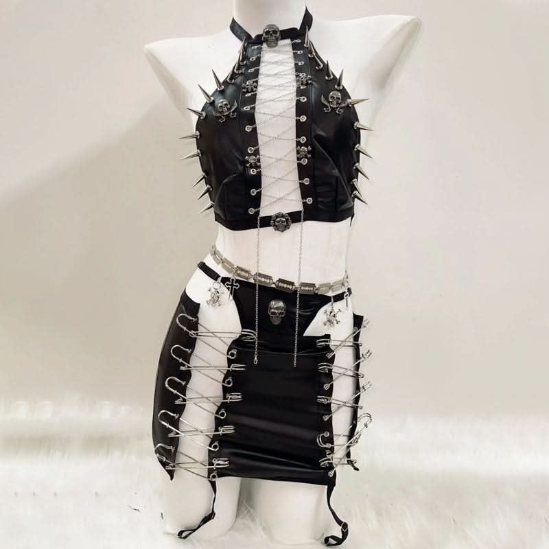 Metal chain zip-up skull applique hollow out mini skirt set  | Festival Outfits Women