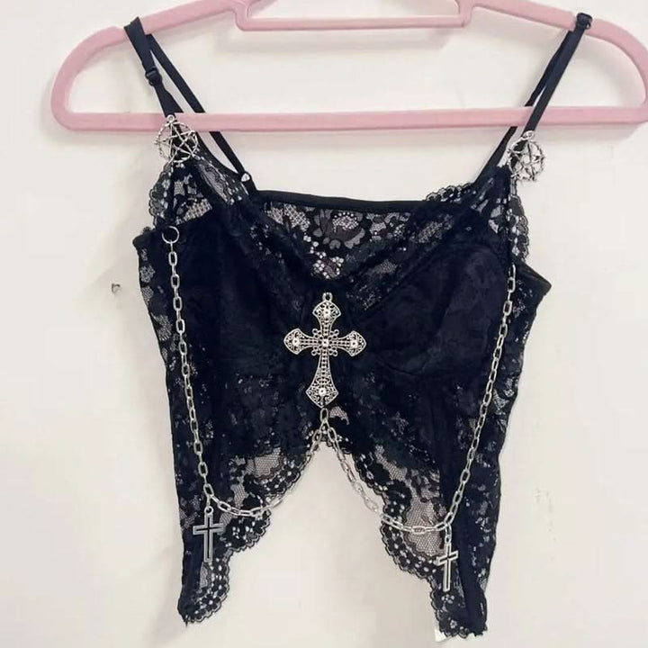 Lace metal chain cross applique v neck cami top  | Festival Outfits Women