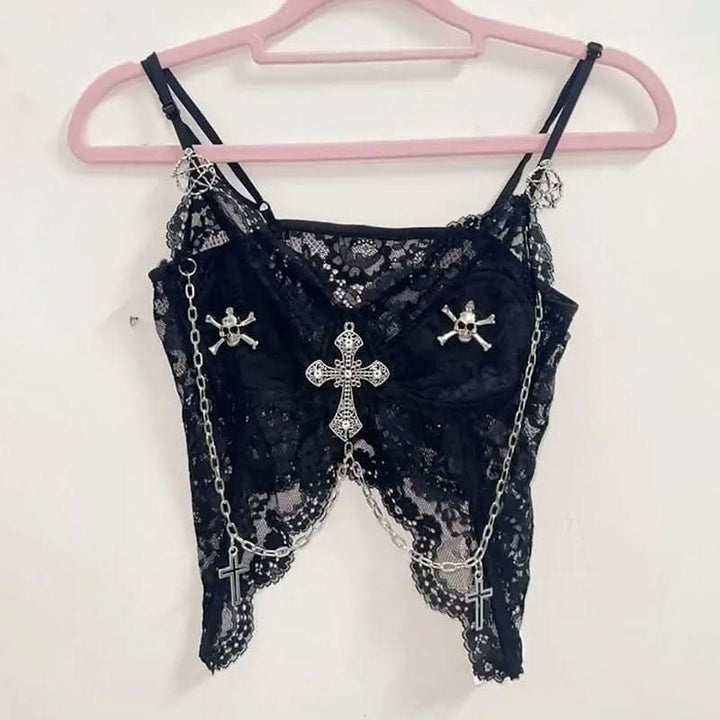Lace metal chain cross applique v neck cami top  | Festival Outfits Women