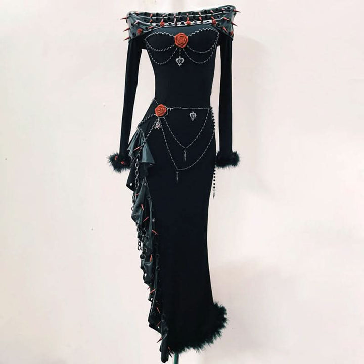 Long sleeve off shoulder irregular flower applique maxi dress  | Festival Outfits Women