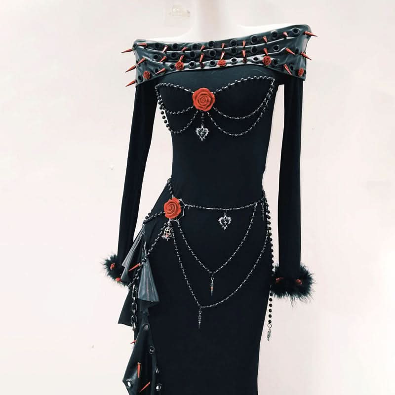 Long sleeve off shoulder irregular flower applique maxi dress  | Festival Outfits Women