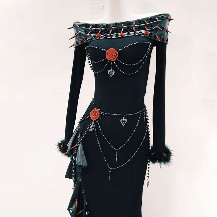 Long sleeve off shoulder irregular flower applique maxi dress  | Festival Outfits Women