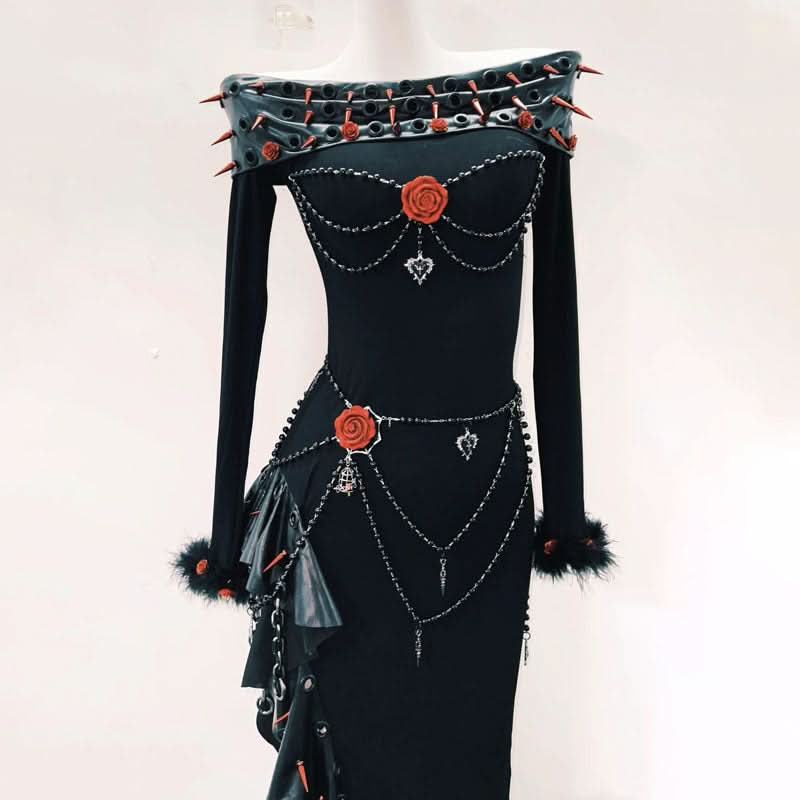 Long sleeve off shoulder irregular flower applique maxi dress  | Festival Outfits Women
