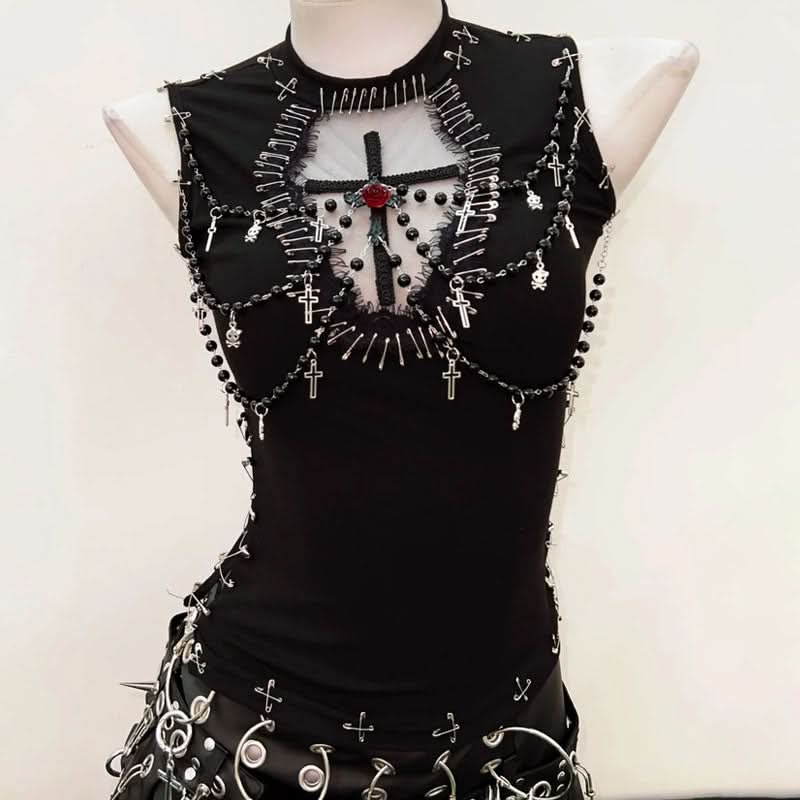 Crewneck beaded flower applique sleeveless top  | Festival Outfits Women