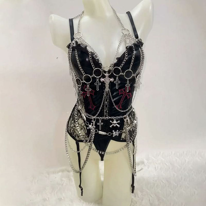 V neck metal chain o ring ruffle cami bodysuit  | Festival Outfits Women