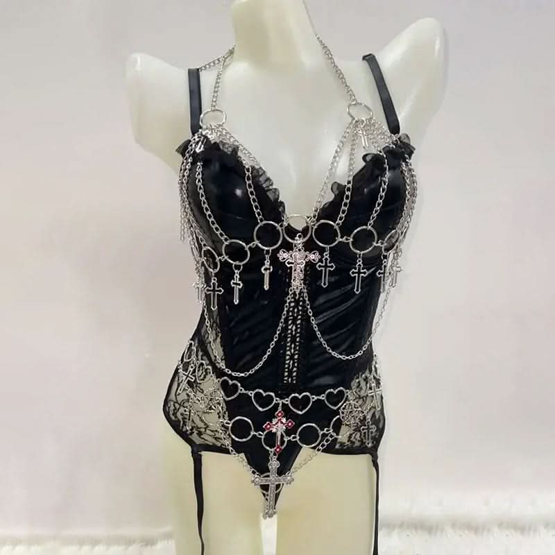 V neck metal chain o ring ruffle cami bodysuit  | Festival Outfits Women