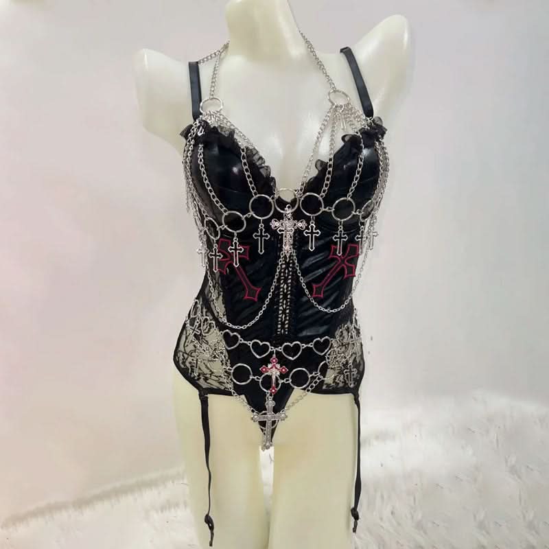 V neck metal chain o ring ruffle cami bodysuit  | Festival Outfits Women