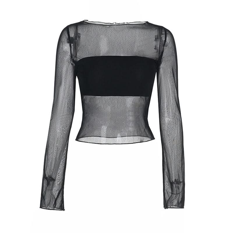 Long sleeve mesh crewneck solid top  | Festival Outfits Women