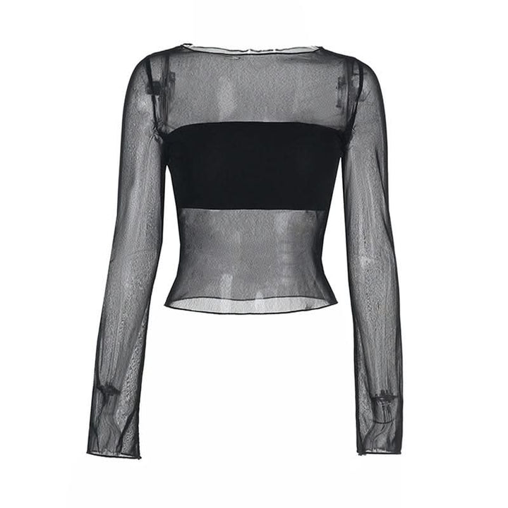 Long sleeve mesh crewneck solid top  | Festival Outfits Women
