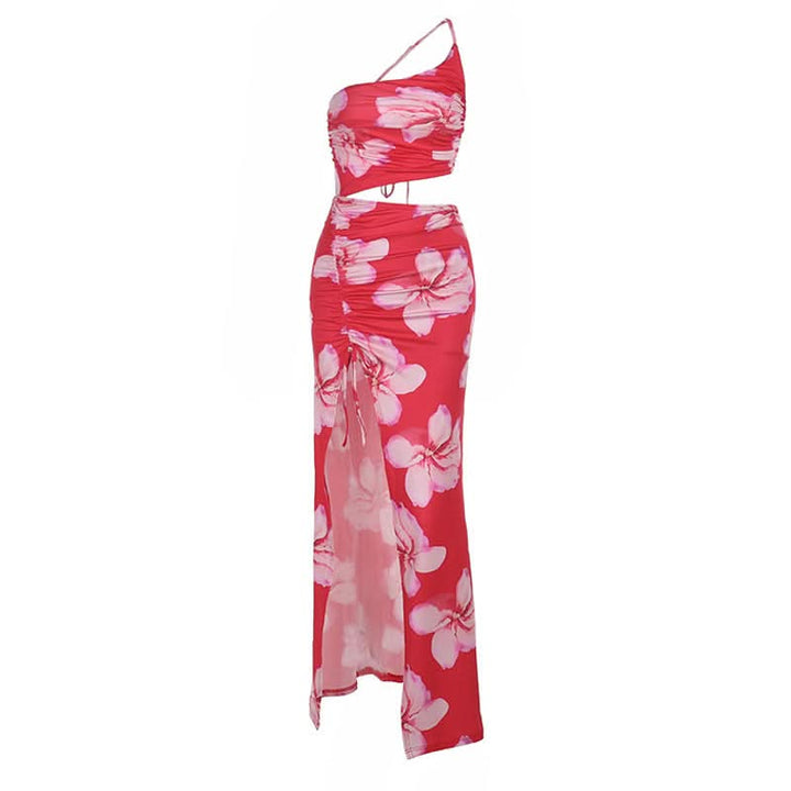 One shoulder ruched slit flower print maxi dress  | Festival Outfits Women