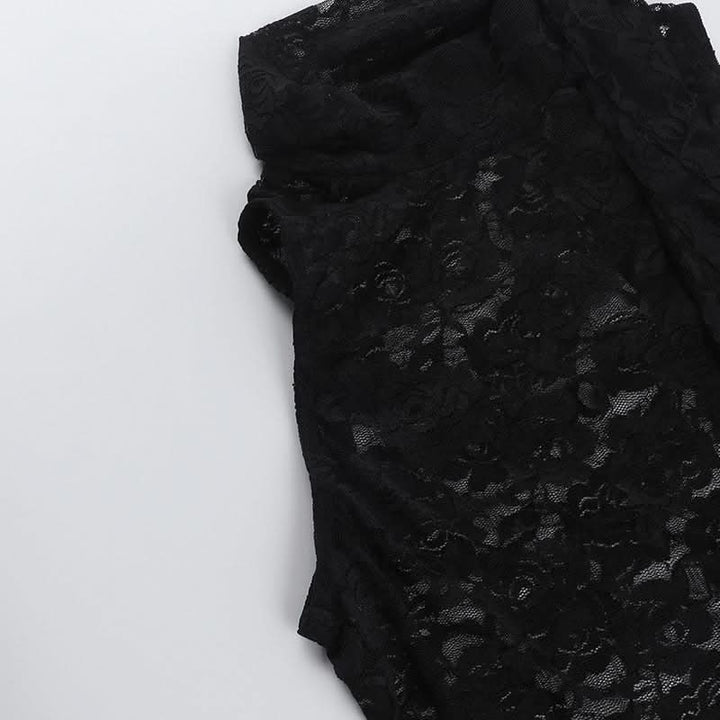 Lace see through crewneck solid crop top  | Festival Outfits Women