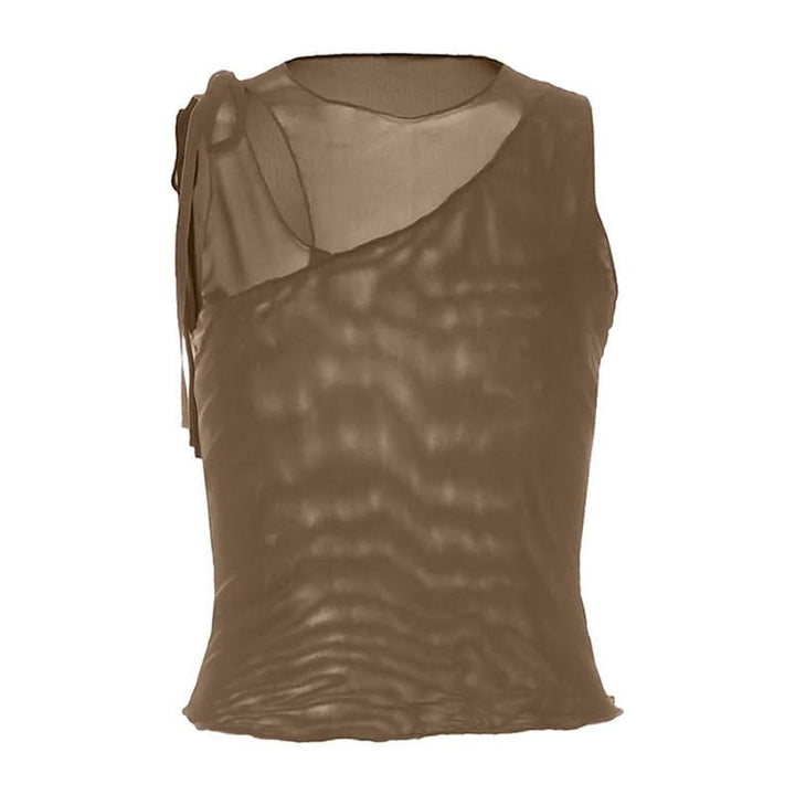 Hollow out mesh crewneck ruffle solid cut out top  | Festival Outfits Women