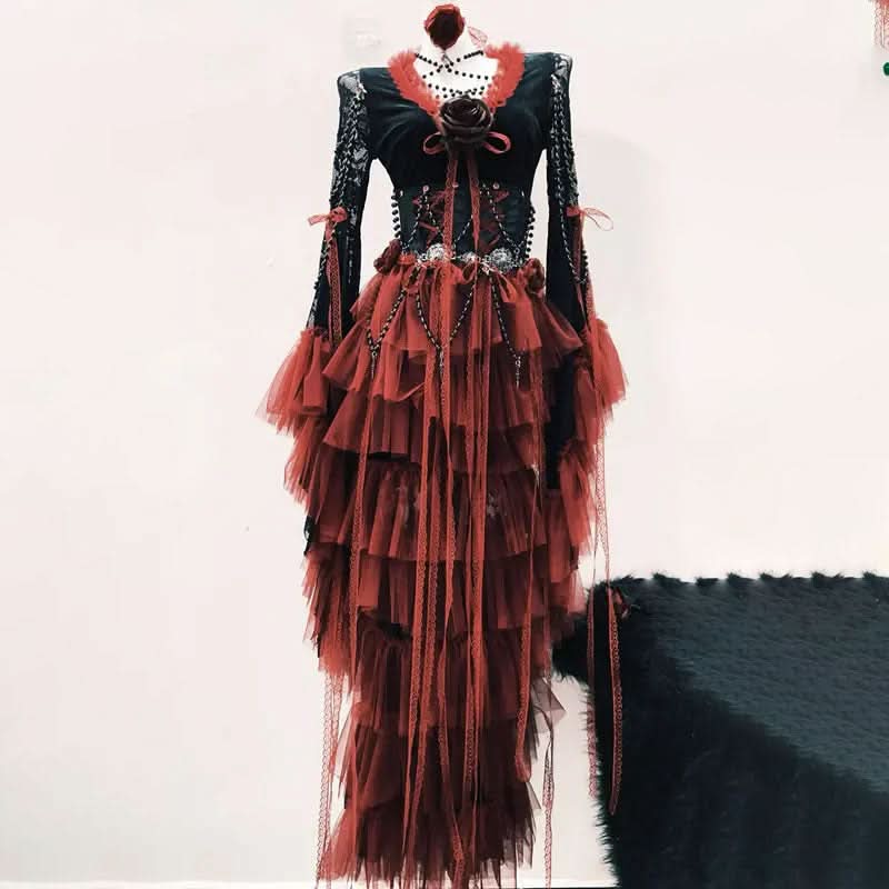 Long sleeve beaded lace ruffle maxi dress  | Festival Outfits Women