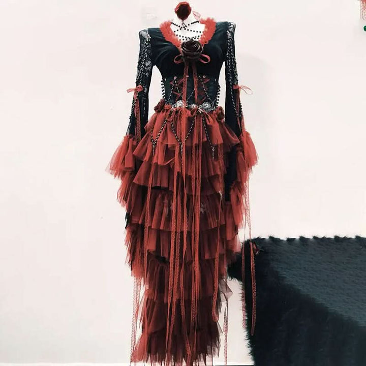 Long sleeve beaded lace ruffle maxi dress  | Festival Outfits Women