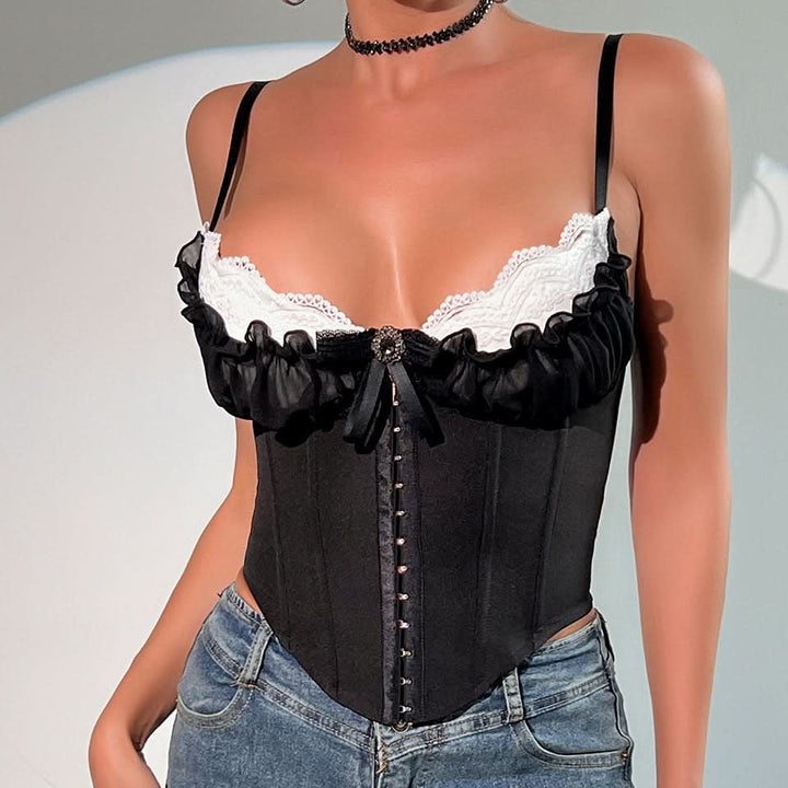 Lace hem bowknot corset ruched cami top  | Festival Outfits Women