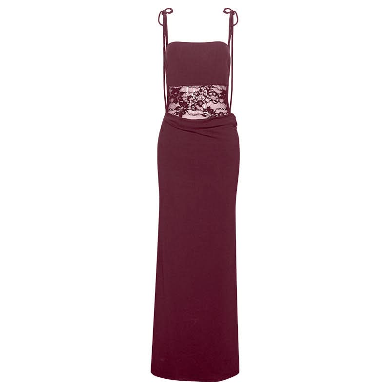 Lace square neck self tie solid cami maxi dress  | Festival Outfits Women