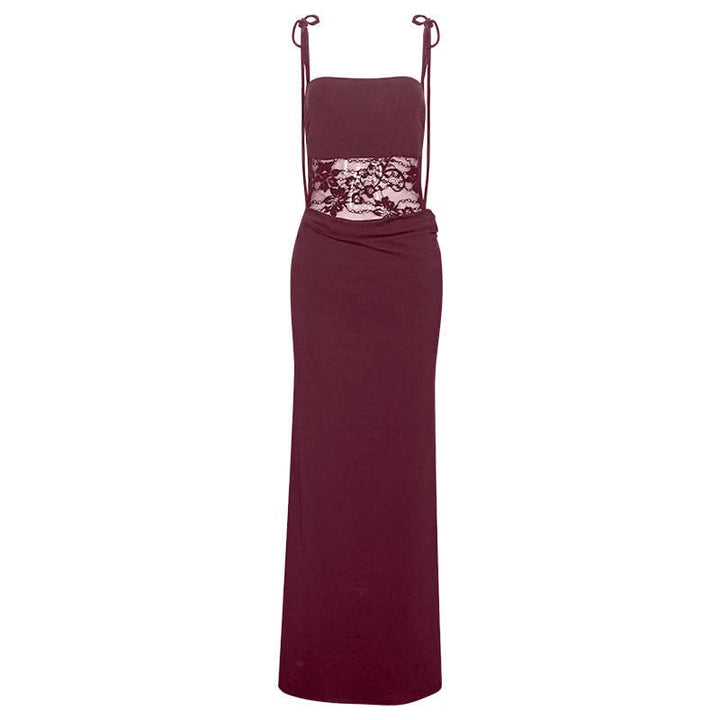 Lace square neck self tie solid cami maxi dress  | Festival Outfits Women