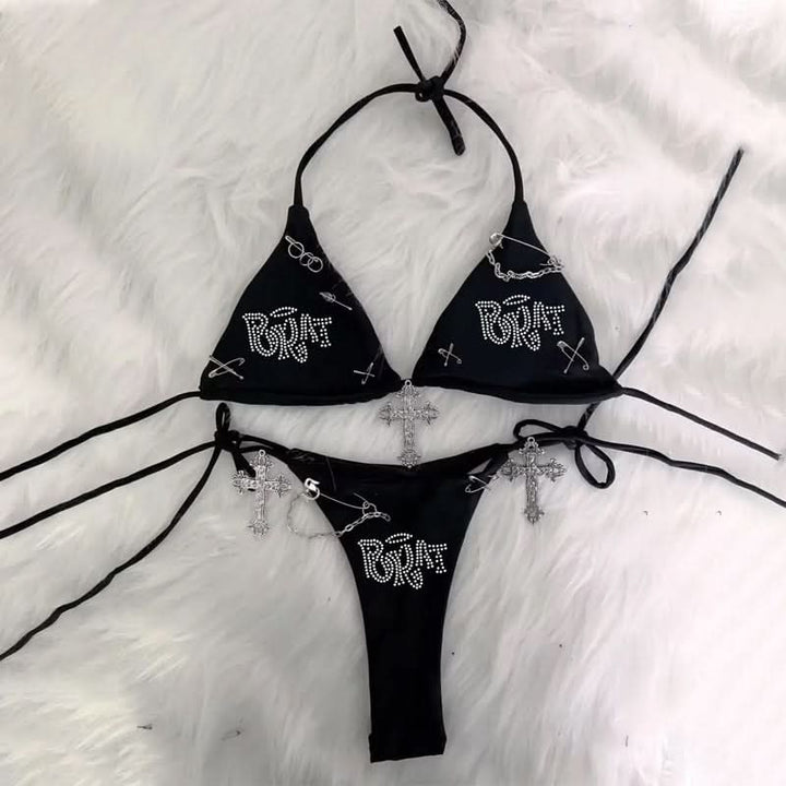 Halter self tie beaded cross applique short pant set  | Festival Outfits Women