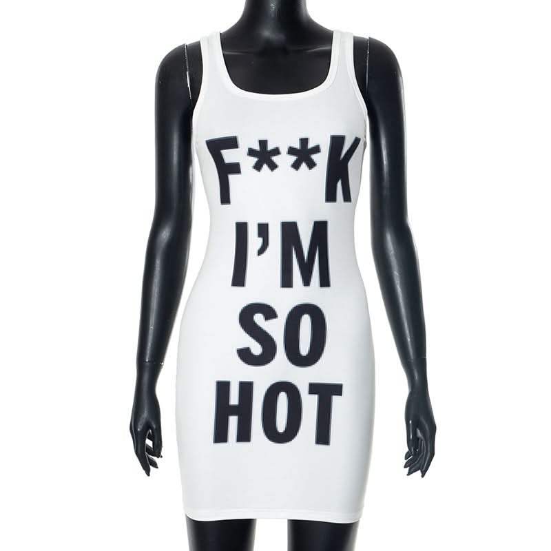 U neck letter print contrast tank mini dress  | Festival Outfits Women