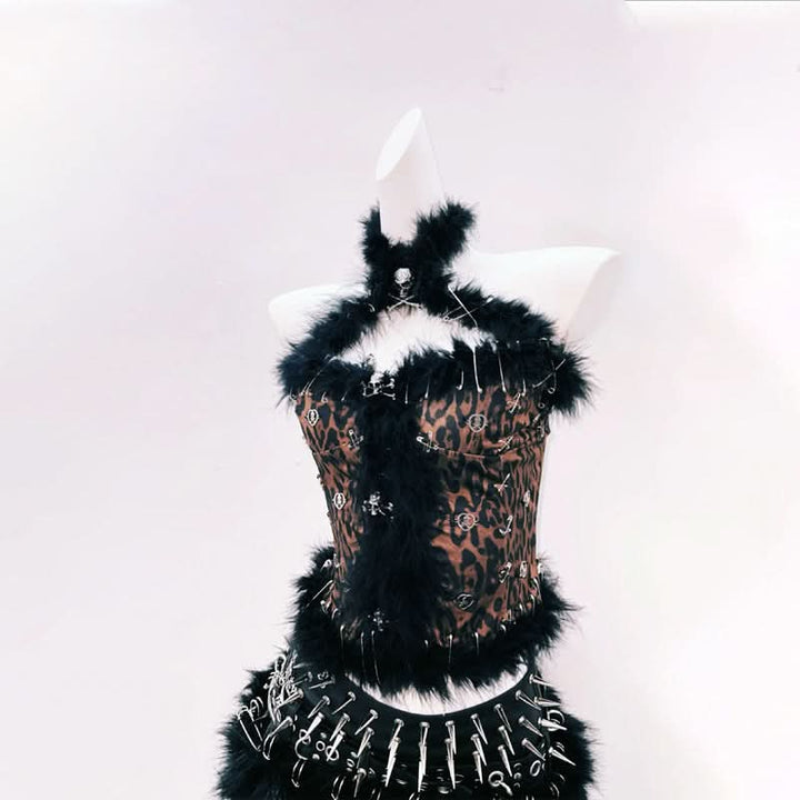 Leopard print fluffy rivet PU leather top  | Festival Outfits Women  | Cheetah Print Top